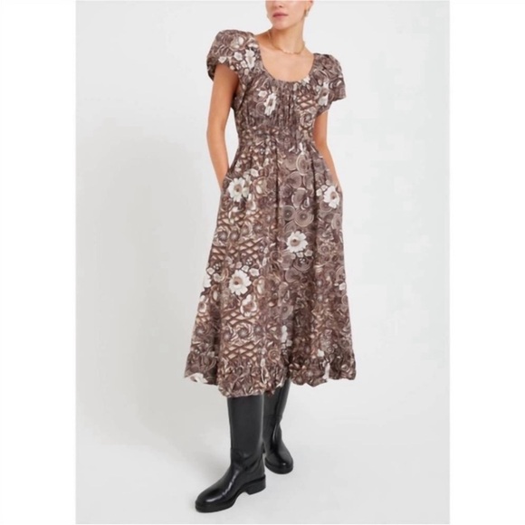 ULLA JOHNSON Nanette Dress in Teak‎ Brown Floral Print Midi Gown Size 6 Poplin - Picture 16 of 17